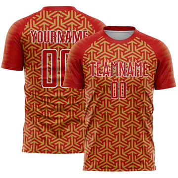 Custom Red Old Gold-White Geometric Arrow Sublimation Soccer Uniform Jersey