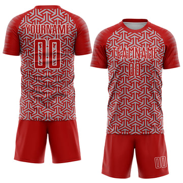 Custom Red Gray-White Geometric Arrow Sublimation Soccer Uniform Jersey