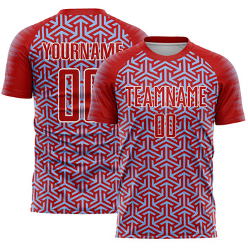 Custom Red Light Blue-White Geometric Arrow Sublimation Soccer Uniform Jersey