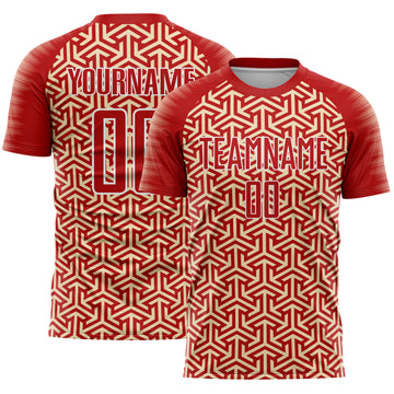Custom Red Cream-White Geometric Arrow Sublimation Soccer Uniform Jersey