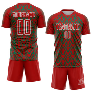 Custom Red Kelly Green-White Geometric Arrow Sublimation Soccer Uniform Jersey