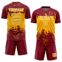 Load image into Gallery viewer, Custom Crimson Gold-White Abstract Splatter Grunge Art Sports Sublimation Soccer Uniform Jersey