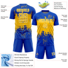 Charger l'image dans la galerie, Custom Thunder Blue Yellow-White Abstract Splatter Grunge Art Sports Sublimation Soccer Uniform Jersey