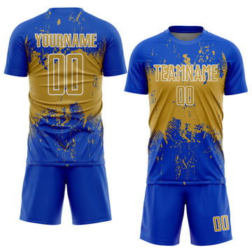 Custom Thunder Blue Old Gold-White Abstract Splatter Grunge Art Sports Sublimation Soccer Uniform Jersey