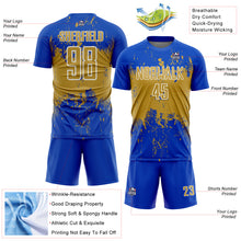 Load image into Gallery viewer, Custom Thunder Blue Old Gold-White Abstract Splatter Grunge Art Sports Sublimation Soccer Uniform Jersey