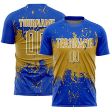 Load image into Gallery viewer, Custom Thunder Blue Old Gold-White Abstract Splatter Grunge Art Sports Sublimation Soccer Uniform Jersey
