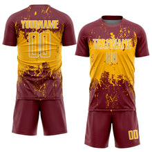 Загрузить изображение в средство просмотра галереи, Custom Burgundy Gold-White Abstract Splatter Grunge Art Sports Sublimation Soccer Uniform Jersey