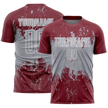 Custom Burgundy Gray-White Abstract Splatter Grunge Art Sports Sublimation Soccer Uniform Jersey