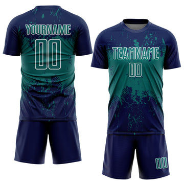 Custom Navy Teal-White Abstract Splatter Grunge Art Sports Sublimation Soccer Uniform Jersey