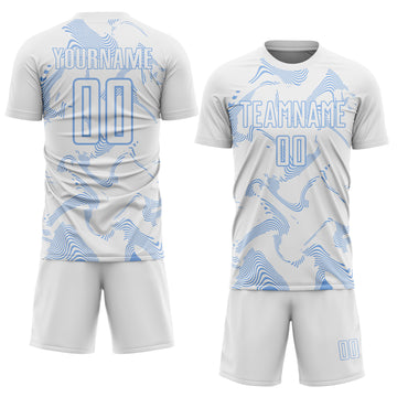 Custom White Light Blue Curve Lines Sports Sublimation Soccer Uniform Jersey