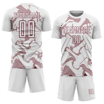 Custom White Burgundy Curve Lines Sports Sublimation Soccer Uniform Jersey