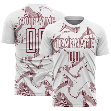 Custom White Burgundy Curve Lines Sports Sublimation Soccer Uniform Jersey