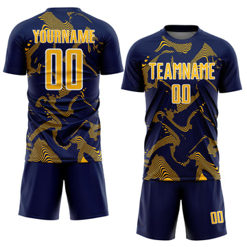 Custom Navy Gold-White Curve Lines Sports Sublimation Soccer Uniform Jersey