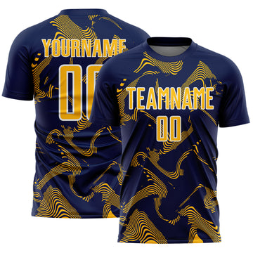 Custom Navy Gold-White Curve Lines Sports Sublimation Soccer Uniform Jersey