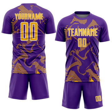 Custom Purple Gold-White Curve Lines Sports Sublimation Soccer Uniform Jersey