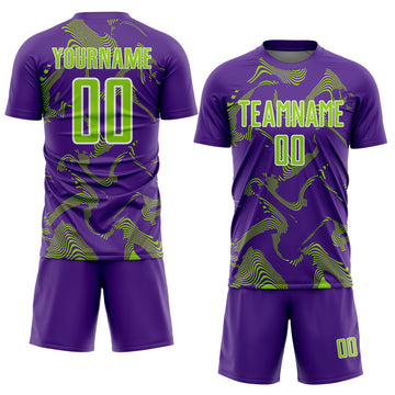 Custom Purple Neon Green-White Curve Lines Sports Sublimation Soccer Uniform Jersey