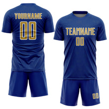 Charger l'image dans la galerie, Custom Royal Old Gold-White Geometric Shape Sports Sublimation Soccer Uniform Jersey