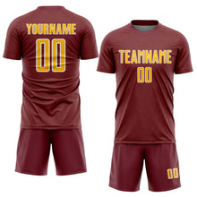 Laden Sie das Bild in den Galerie-Viewer, Custom Burgundy Gold-White Geometric Shape Sports Sublimation Soccer Uniform Jersey