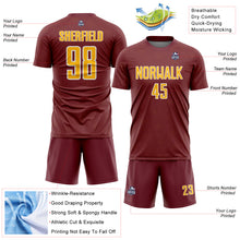 Laden Sie das Bild in den Galerie-Viewer, Custom Burgundy Gold-White Geometric Shape Sports Sublimation Soccer Uniform Jersey