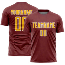 Laden Sie das Bild in den Galerie-Viewer, Custom Burgundy Gold-White Geometric Shape Sports Sublimation Soccer Uniform Jersey