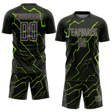 Load image into Gallery viewer, Custom Black Purple-Neon Green Lightning Sports Sublimation Soccer Uniform Jersey