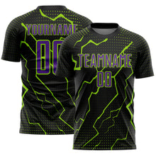 Load image into Gallery viewer, Custom Black Purple-Neon Green Lightning Sports Sublimation Soccer Uniform Jersey