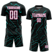 Laden Sie das Bild in den Galerie-Viewer, Custom Black White Aqua-Pink Lightning Sports Sublimation Soccer Uniform Jersey