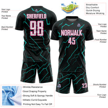 Laden Sie das Bild in den Galerie-Viewer, Custom Black White Aqua-Pink Lightning Sports Sublimation Soccer Uniform Jersey