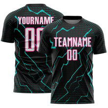 Laden Sie das Bild in den Galerie-Viewer, Custom Black White Aqua-Pink Lightning Sports Sublimation Soccer Uniform Jersey