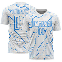 Load image into Gallery viewer, Custom White Powder Blue Lightning Sports Sublimation Soccer Uniform Jersey