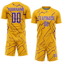 Load image into Gallery viewer, Custom Gold Purple-White Lightning Sports Sublimation Soccer Uniform Jersey