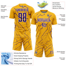 Load image into Gallery viewer, Custom Gold Purple-White Lightning Sports Sublimation Soccer Uniform Jersey