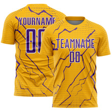 Load image into Gallery viewer, Custom Gold Purple-White Lightning Sports Sublimation Soccer Uniform Jersey