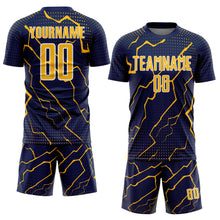 Laden Sie das Bild in den Galerie-Viewer, Custom Navy Gold-White Lightning Sports Sublimation Soccer Uniform Jersey