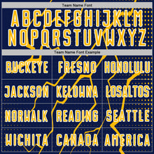 Laden Sie das Bild in den Galerie-Viewer, Custom Navy Gold-White Lightning Sports Sublimation Soccer Uniform Jersey