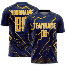 Laden Sie das Bild in den Galerie-Viewer, Custom Navy Gold-White Lightning Sports Sublimation Soccer Uniform Jersey