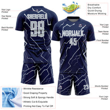 Laden Sie das Bild in den Galerie-Viewer, Custom Navy Silver-White Lightning Sports Sublimation Soccer Uniform Jersey