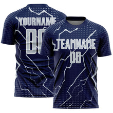 Laden Sie das Bild in den Galerie-Viewer, Custom Navy Silver-White Lightning Sports Sublimation Soccer Uniform Jersey