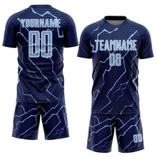 Laden Sie das Bild in den Galerie-Viewer, Custom Navy Light Blue-White Lightning Sports Sublimation Soccer Uniform Jersey