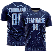 Laden Sie das Bild in den Galerie-Viewer, Custom Navy Light Blue-White Lightning Sports Sublimation Soccer Uniform Jersey