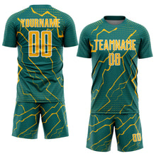 Load image into Gallery viewer, Custom Teal Gold-White Lightning Sports Sublimation Soccer Uniform Jersey