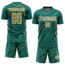 Load image into Gallery viewer, Custom Teal Old Gold-White Lightning Sports Sublimation Soccer Uniform Jersey