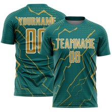 Load image into Gallery viewer, Custom Teal Old Gold-White Lightning Sports Sublimation Soccer Uniform Jersey