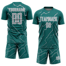 Load image into Gallery viewer, Custom Teal Gray-White Lightning Sports Sublimation Soccer Uniform Jersey