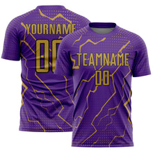 Load image into Gallery viewer, Custom Purple Old Gold-Black Lightning Sports Sublimation Soccer Uniform Jersey
