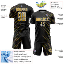 Laden Sie das Bild in den Galerie-Viewer, Custom Black Old Gold-White Lines Sports Sublimation Soccer Uniform Jersey