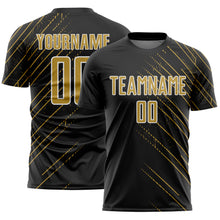 Laden Sie das Bild in den Galerie-Viewer, Custom Black Old Gold-White Lines Sports Sublimation Soccer Uniform Jersey