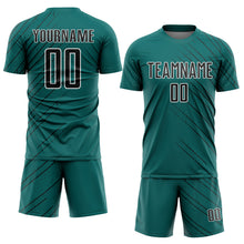 Load image into Gallery viewer, Custom Teal Black-White Lines Sports Sublimation Soccer Uniform Jersey