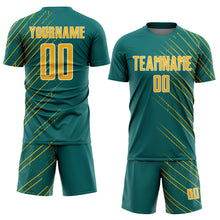 Загрузить изображение в средство просмотра галереи, Custom Teal Gold-White Lines Sports Sublimation Soccer Uniform Jersey