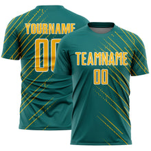 Загрузить изображение в средство просмотра галереи, Custom Teal Gold-White Lines Sports Sublimation Soccer Uniform Jersey